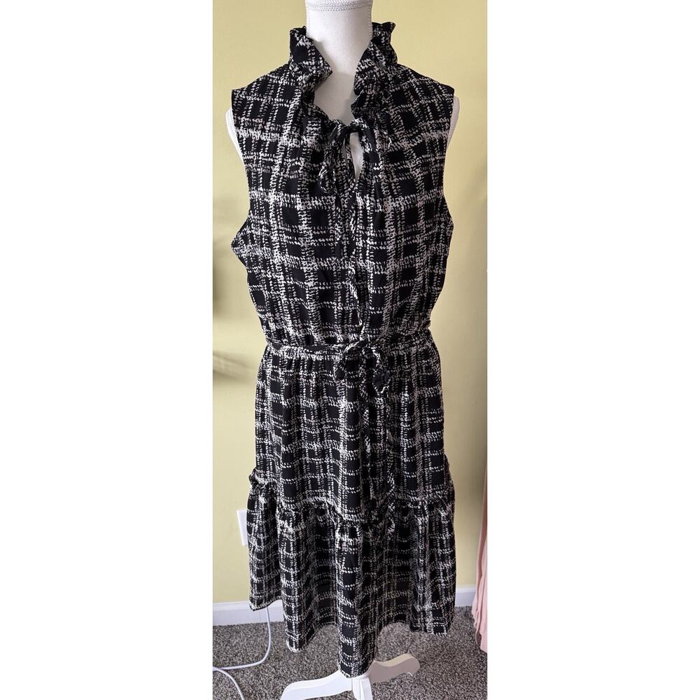 Lapis & Lillies Black & White Ruffle Neck Midi Dress‎ Cottagecore Chic XL